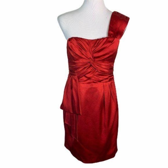 Nanette Lepore Red Satin One Shoulder Ruched Dress - Picture 2 of 12